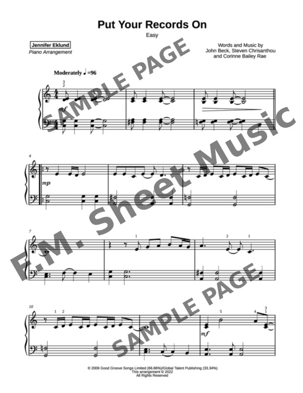 Put Your Records On (Easy Piano) By Corinne Bailey Rae - F.M. Sheet